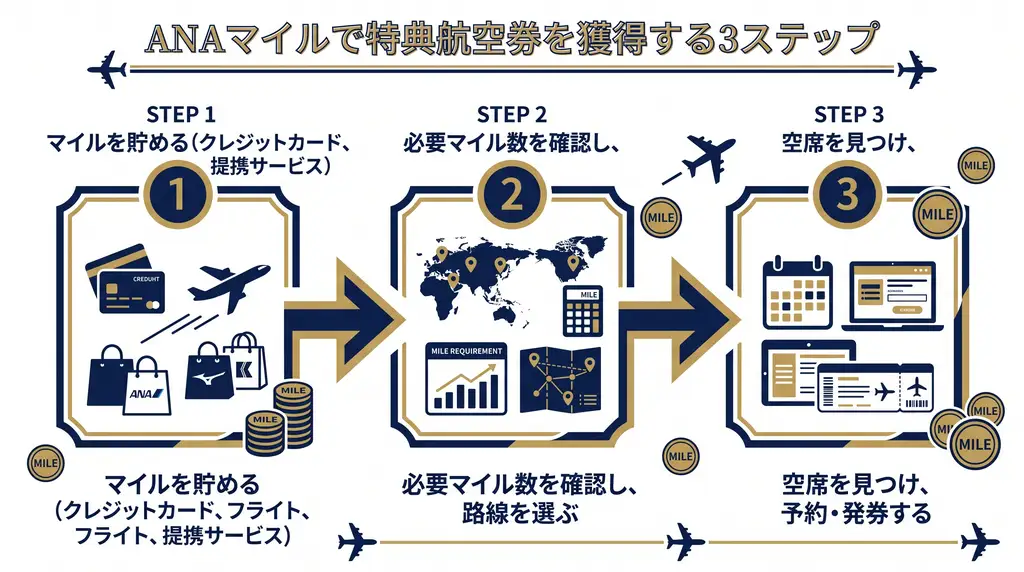 ANAマイルで特典航空券を取る3ステップ（貯める・必要マイル確認・予約発券）の図解