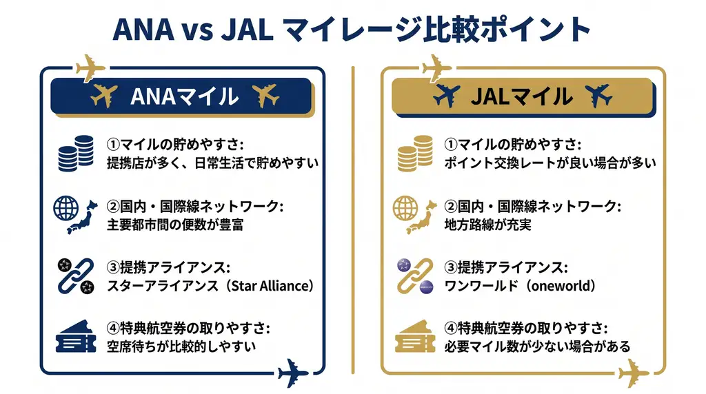 ANAマイルとJALマイルを貯めやすさ・路線網・アライアンス・特典の取りやすさで比較した図