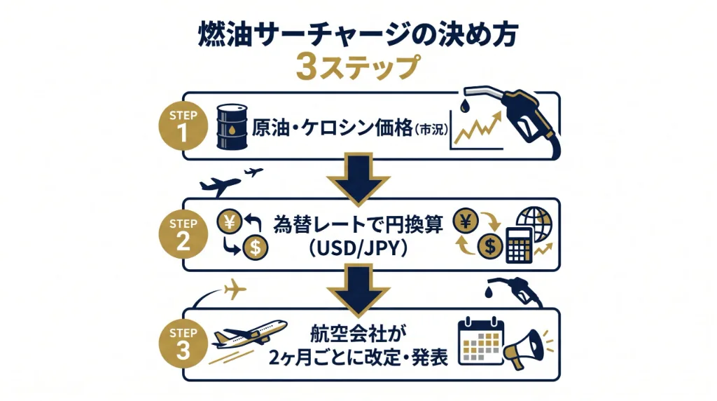 燃油サーチャージが原油価格・為替・航空会社改定で決まる3ステップの図解