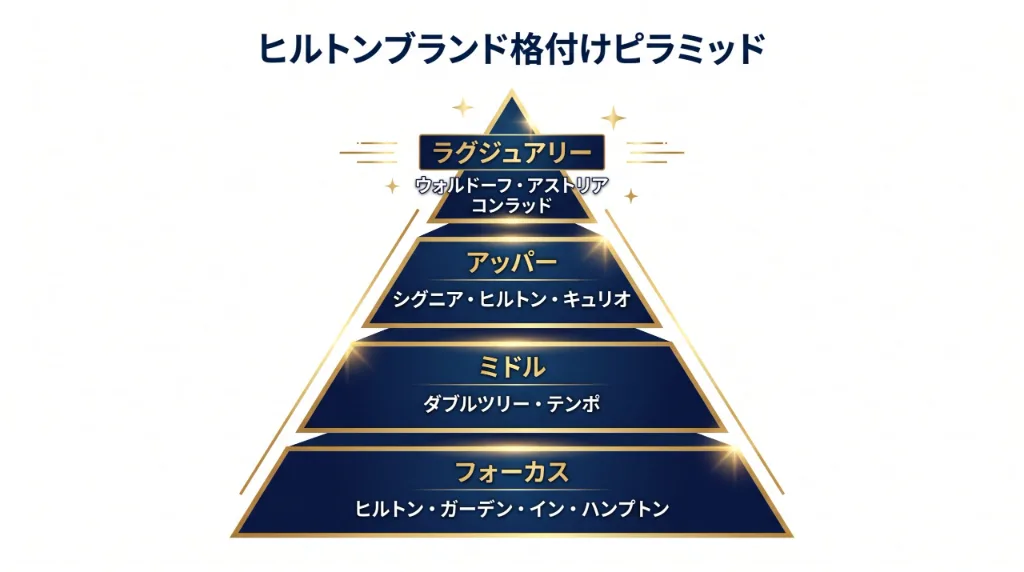 ヒルトンの主要ブランドをラグジュアリーからフォーカスまで格付けしたピラミッド図