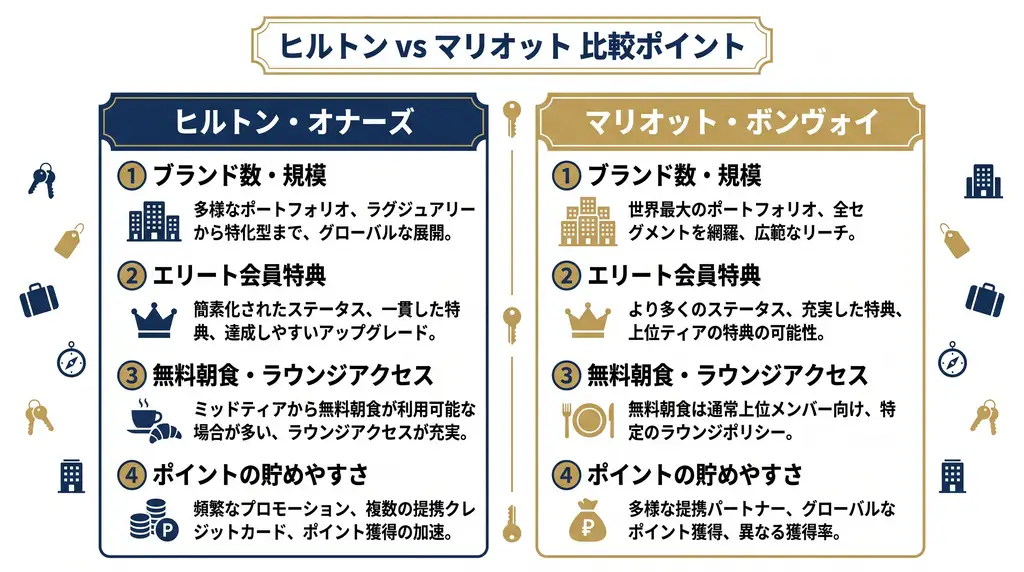 ヒルトン・オナーズとマリオット・ボンヴォイをブランド規模・上級特典・朝食・ポイントで比較した図