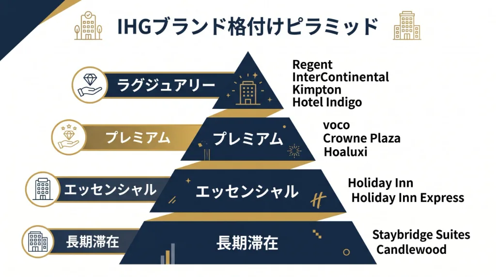 IHGの主要ブランドをラグジュアリーから長期滞在まで格付けしたピラミッド図