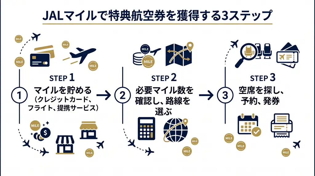 JALマイルで特典航空券を取る3ステップ（貯める・必要マイル確認・予約発券）の図解