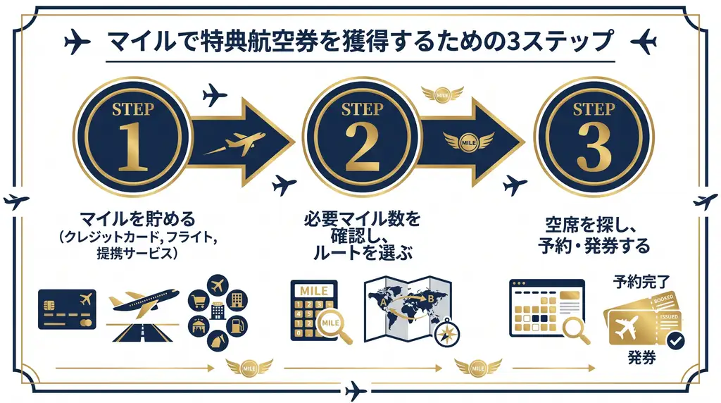 マイルで特典航空券を取る3ステップ（貯める・必要マイル確認・予約発券）の図解