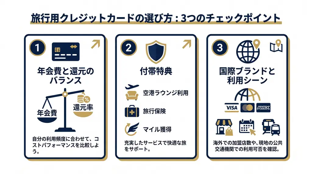 旅行クレジットカードの選び方3つのチェックポイント（年会費と還元・付帯特典・国際ブランド）の図解