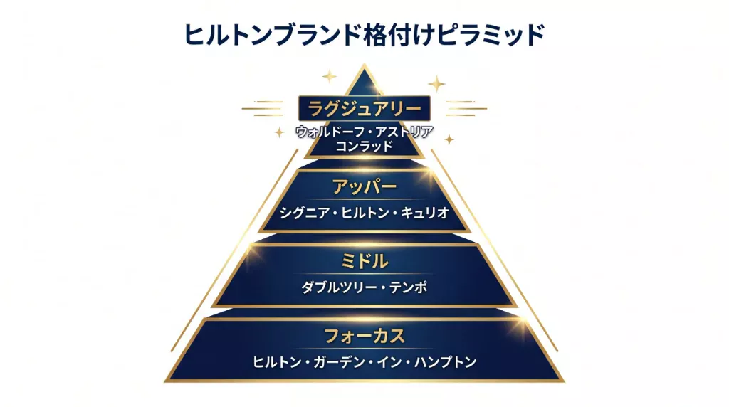 ヒルトンの主要ブランドをラグジュアリーからフォーカスまで格付けしたピラミッド図